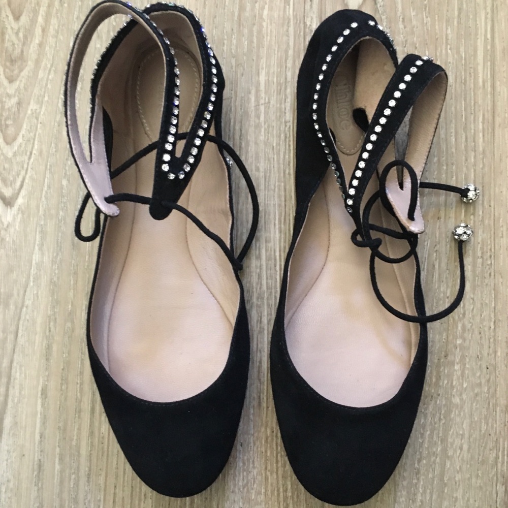 Chloe Black Suede Ankle Strap Flats w/ Crystals 36.5